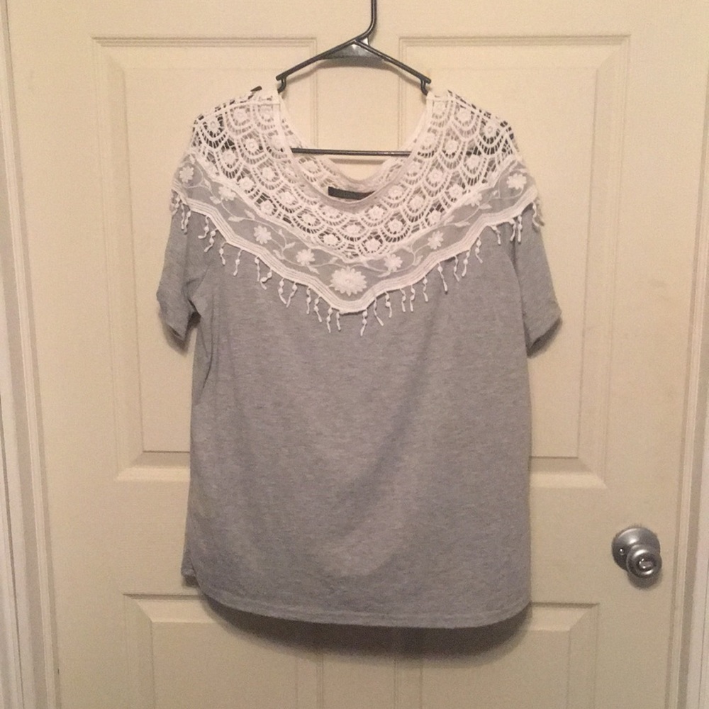 Grey shirt with White lace at top.